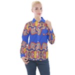 Yellow red shapes on a blue background                                                         Women s Long Sleeve Pocket Shirt