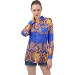 Yellow red shapes on a blue background                                                         Long Sleeve Satin Shirt