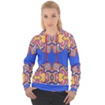Yellow red shapes on a blue background                                                       Women s Overhead Hoodie