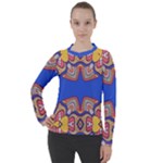 Yellow red shapes on a blue background                                                        Women s Pique Long Sleeve Tee