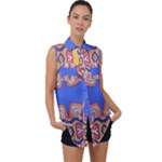 Yellow red shapes on a blue background                                                         Sleeveless Chiffon Button Shirt