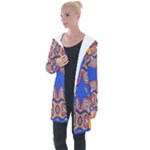 Yellow red shapes on a blue background                                                         Longline Hooded Cardigan