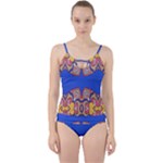 Yellow red shapes on a blue background                                                         Cut Out Top Tankini Set