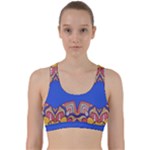 Yellow red shapes on a blue background                                                             Back Weave Sports Bra