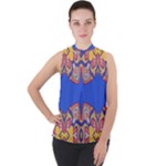 Yellow red shapes on a blue background                                                        Mock Neck Chiffon Sleeveless Top
