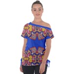 Yellow red shapes on a blue background                                                         Off Shoulder Tie-Up Tee