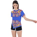 Yellow red shapes on a blue background                                                           Asymmetrical Short Sleeve Sports Tee