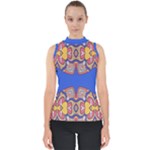Yellow red shapes on a blue background                                                          Mock Neck Shell Top