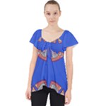 Yellow red shapes on a blue background                                                        Lace Front Dolly Top