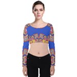 Yellow red shapes on a blue background                                                         Velvet Long Sleeve Crop Top
