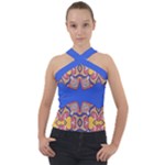 Yellow red shapes on a blue background                                                          Cross Neck Velour Top