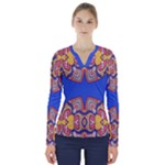 Yellow red shapes on a blue background                                                           V-Neck Long Sleeve Top