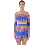 Yellow red shapes on a blue background                                                             Off Shoulder Top with Skirt Set
