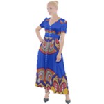 Yellow red shapes on a blue background                                                             Button Up Short Sleeve Maxi Dress