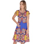Yellow red shapes on a blue background                                                            Classic Short Sleeve Dress
