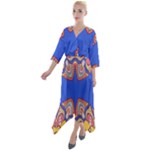 Yellow red shapes on a blue background                                        Quarter Sleeve Wrap Front Maxi Dress