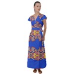 Yellow red shapes on a blue background                                                            Flutter Sleeve Maxi Dress