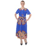 Yellow red shapes on a blue background                                                            Front Wrap High Low Dress