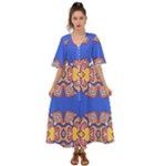 Yellow red shapes on a blue background                                                            Kimono Sleeve Boho Dress