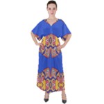 Yellow red shapes on a blue background                                                             V-Neck Boho Style Maxi Dress
