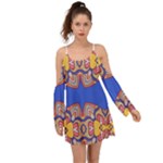 Yellow red shapes on a blue background                                                             Kimono Sleeves Boho Dress