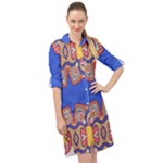 Yellow red shapes on a blue background                                                             Long Sleeve Mini Shirt Dress