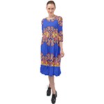 Yellow red shapes on a blue background                                                             Ruffle End Midi Chiffon Dress