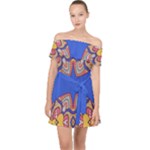 Yellow red shapes on a blue background                                                        Off Shoulder Chiffon Dress
