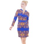 Yellow red shapes on a blue background                                                            Button Long Sleeve Dress