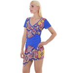 Yellow red shapes on a blue background                                                        Short Sleeve Asymmetric Mini Dress