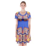 Yellow red shapes on a blue background                                                              Short Sleeve V-neck Flare Dress