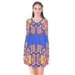 Yellow red shapes on a blue background                                                         Long Sleeve V-neck Flare Dress