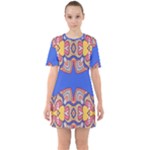 Yellow red shapes on a blue background                                                             Sixties Short Sleeve Mini Dress