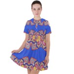 Yellow red shapes on a blue background                                                         Short Sleeve Shoulder Cut Out Dress