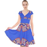 Yellow red shapes on a blue background                                                            Cap Sleeve Front Wrap Midi Dress