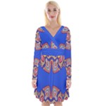 Yellow red shapes on a blue background                                                             Long Sleeve Front Wrap Dress