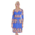 Yellow red shapes on a blue background                                                              Long Sleeve Velvet Front Wrap Dress