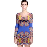 Yellow red shapes on a blue background                                                          Long Sleeve Bodycon Dress