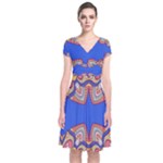 Yellow red shapes on a blue background                                                          Short Sleeve Front Wrap Dress