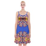 Yellow red shapes on a blue background                                                           Spaghetti Strap Velvet Dress