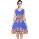 Yellow red shapes on a blue background                                                         V-Neck Midi Sleeveless Dress
