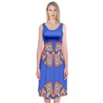 Yellow red shapes on a blue background                                                         Midi Sleeveless Dress