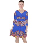 Yellow red shapes on a blue background                                                          Quarter Sleeve Ruffle Waist Dress