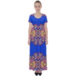 Yellow red shapes on a blue background                                                         High Waist Short Sleeve Maxi Dress