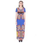 Yellow red shapes on a blue background                                                          Short Sleeve Maxi Dress