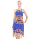 Yellow red shapes on a blue background                                                         High-Low Halter Chiffon Dress