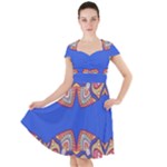Yellow red shapes on a blue background                                                          Cap Sleeve Midi Dress