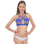Yellow red shapes on a blue background                                                        Cross Front Halter Bikini Top