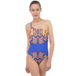 Yellow red shapes on a blue background                                                         Classic One Shoulder Swimsuit