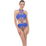 Yellow red shapes on a blue background                                                         Halter Side Cut Swimsuit